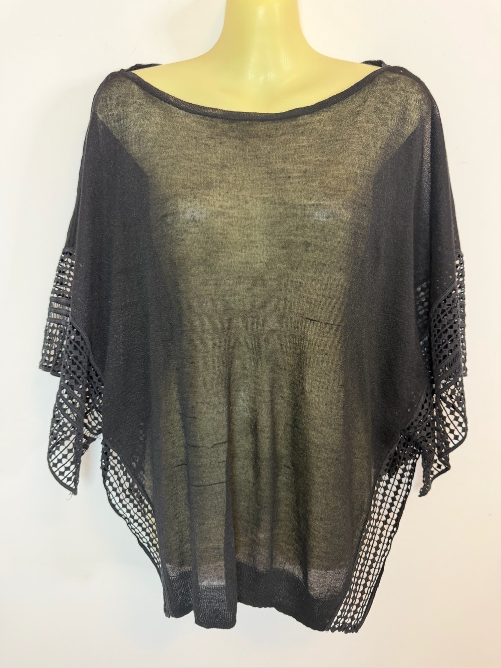 White House Black Market Black Sheer Crochet-Trim Poncho Top